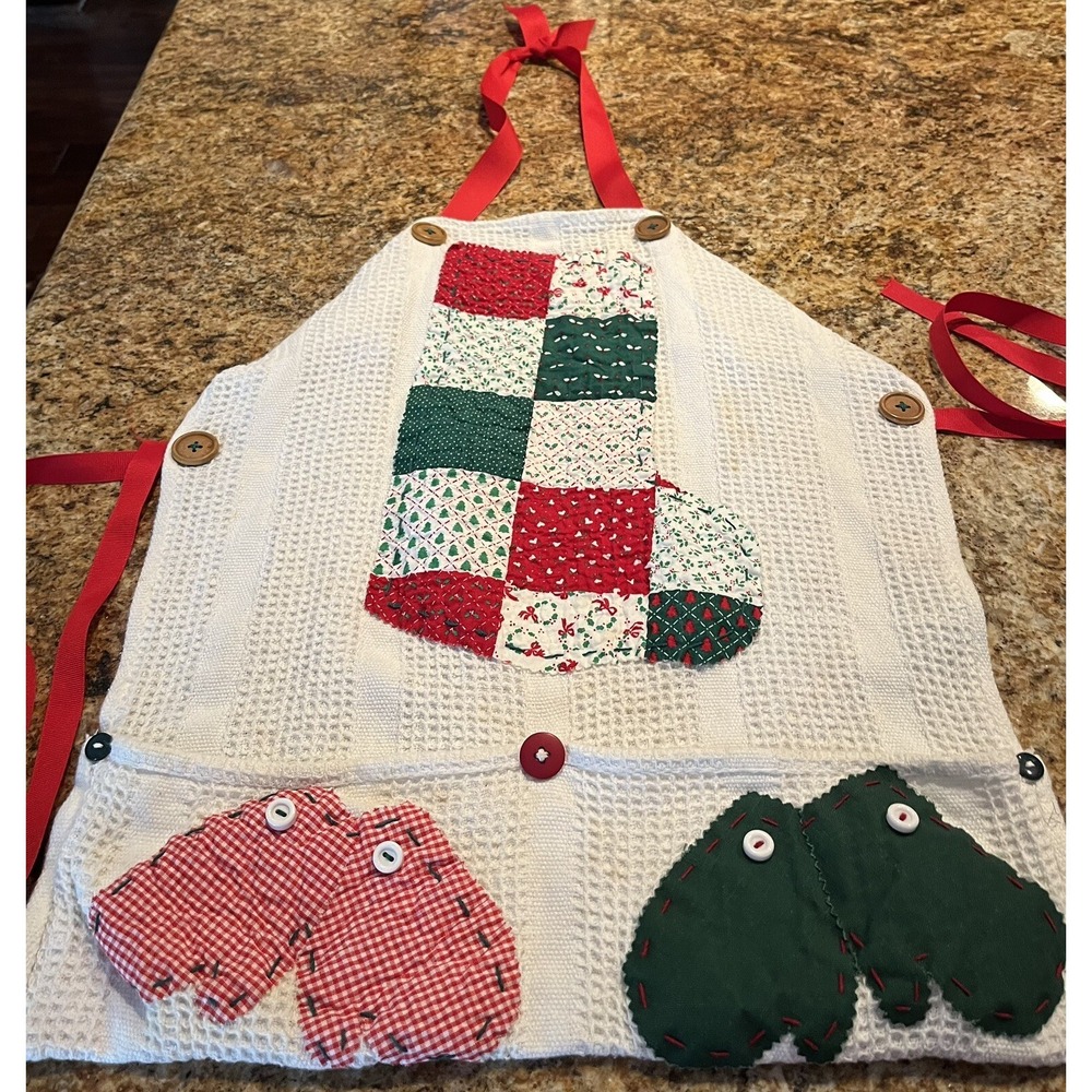 Child's Adjustable Christmas Baking Apron Smock Handmade W/Stockings & Mittens